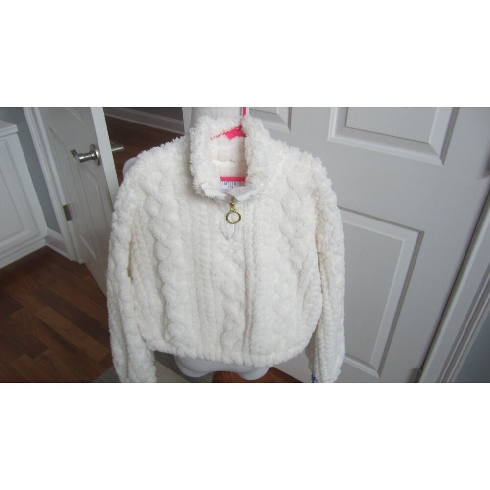 NWT LIMITED TOO WHITE FAUX FUR 1/4 ZIP CABLEKNIT PULLOVER SIZE MEDIUM 7/8 GIRLS